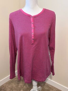 Chaps Pink and Black Striped Henley Long-Sleeve Top